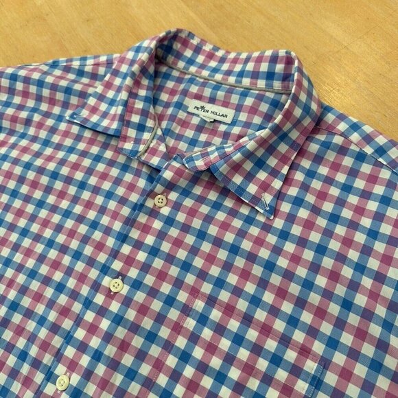 Peter Millar Performance Button Up Shirt Mens XL Blue Pink Gingham Plaid - Picture 1 of 11